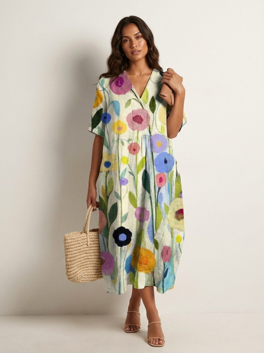 Cassandra | Women's Lightweight Midi Dress with Nature Print, V-Neck Midi Dress | Dressific | Bloem 9
