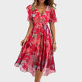 Charlotte | Women's Floral V-Neck Midi Dress, Short Sleeve Midi Dress | Dressific | Red