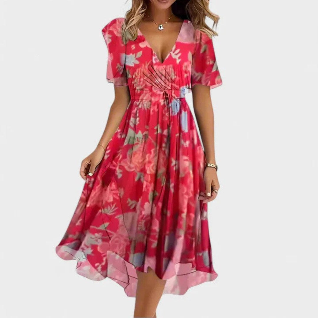 Charlotte | Women's Floral V-Neck Midi Dress, Short Sleeve Midi Dress | Dressific | Red