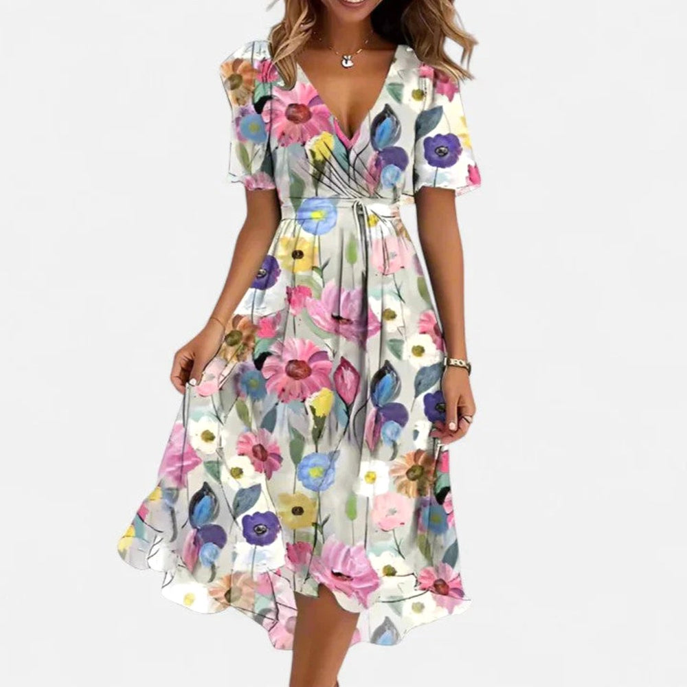 Charlotte | Women's Floral V-Neck Midi Dress, Short Sleeve Midi Dress | Dressific | White Floral