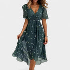 Charlotte | Women's Floral V-Neck Midi Dress, Short Sleeve Midi Dress | Dressific | Green
