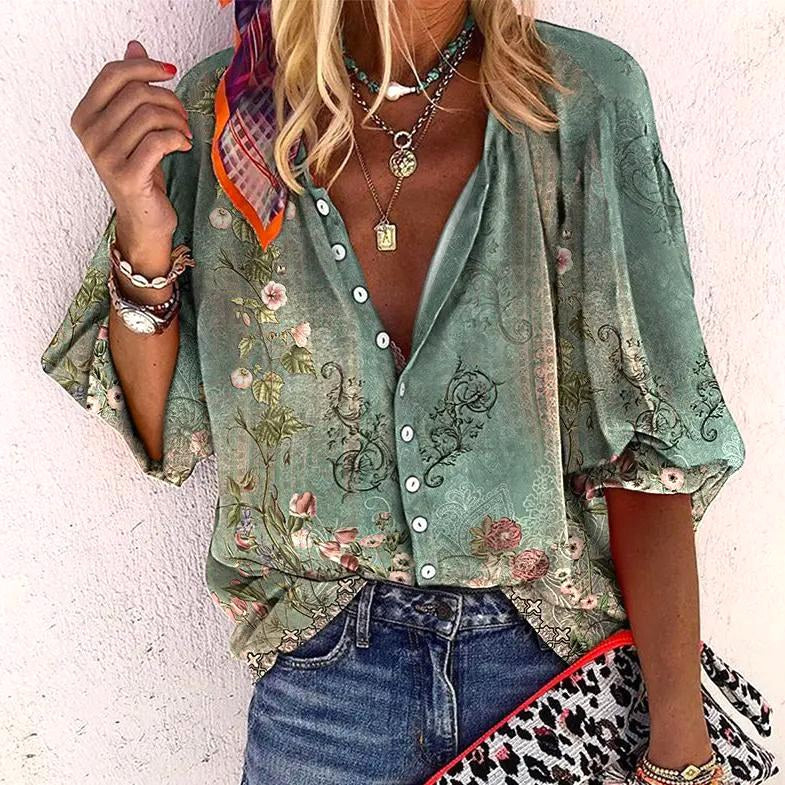 Chelsea | Women's Floral Boho Blouse, V-Neck Relaxed Fit Top | Dressific | Groen
