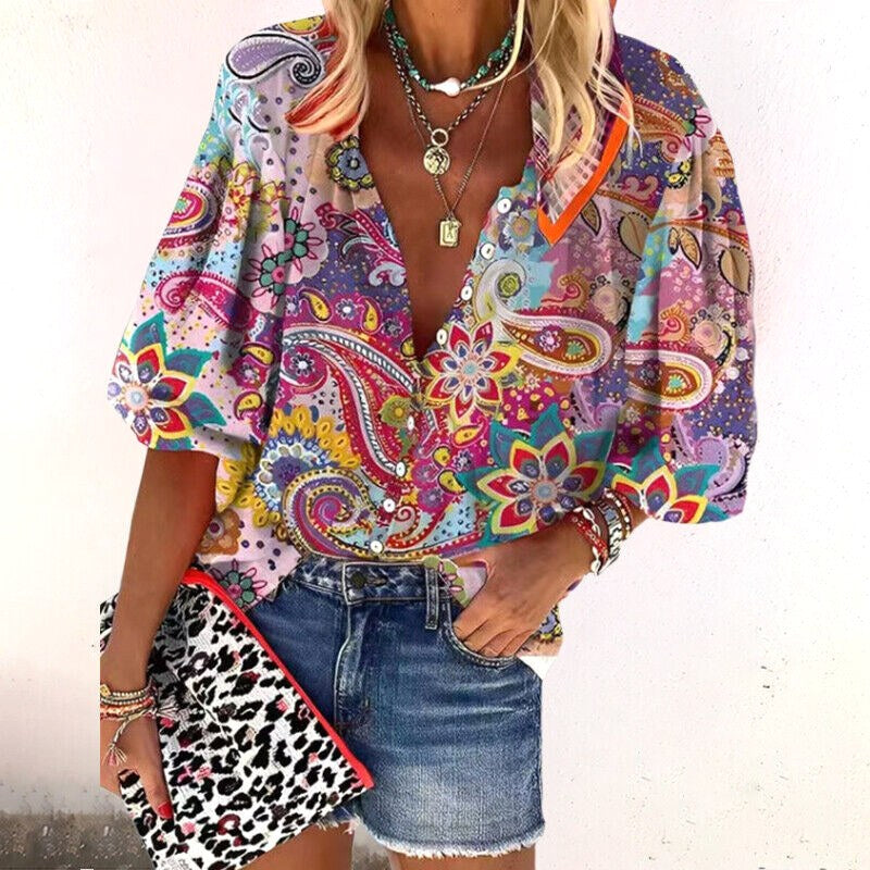 Chelsea | Women's Floral Boho Blouse, V-Neck Relaxed Fit Top | Dressific | Roze