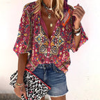Chelsea | Women's Floral Boho Blouse, V-Neck Relaxed Fit Top | Dressific | Rood