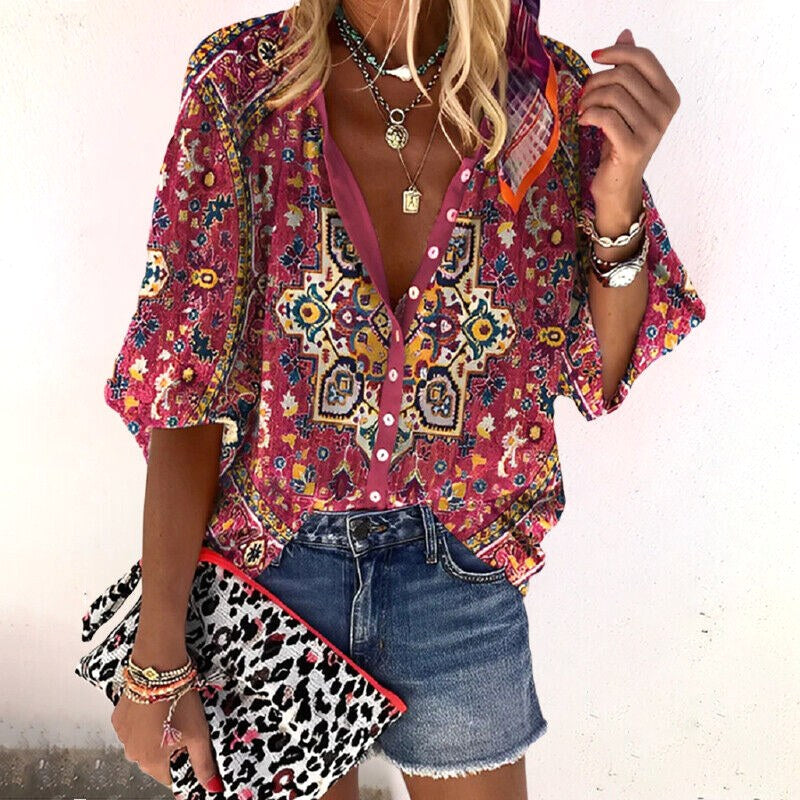 Chelsea | Women's Floral Boho Blouse, V-Neck Relaxed Fit Top | Dressific | Rood