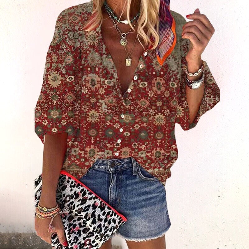 Chelsea | Women's Floral Boho Blouse, V-Neck Relaxed Fit Top | Dressific | Bruin
