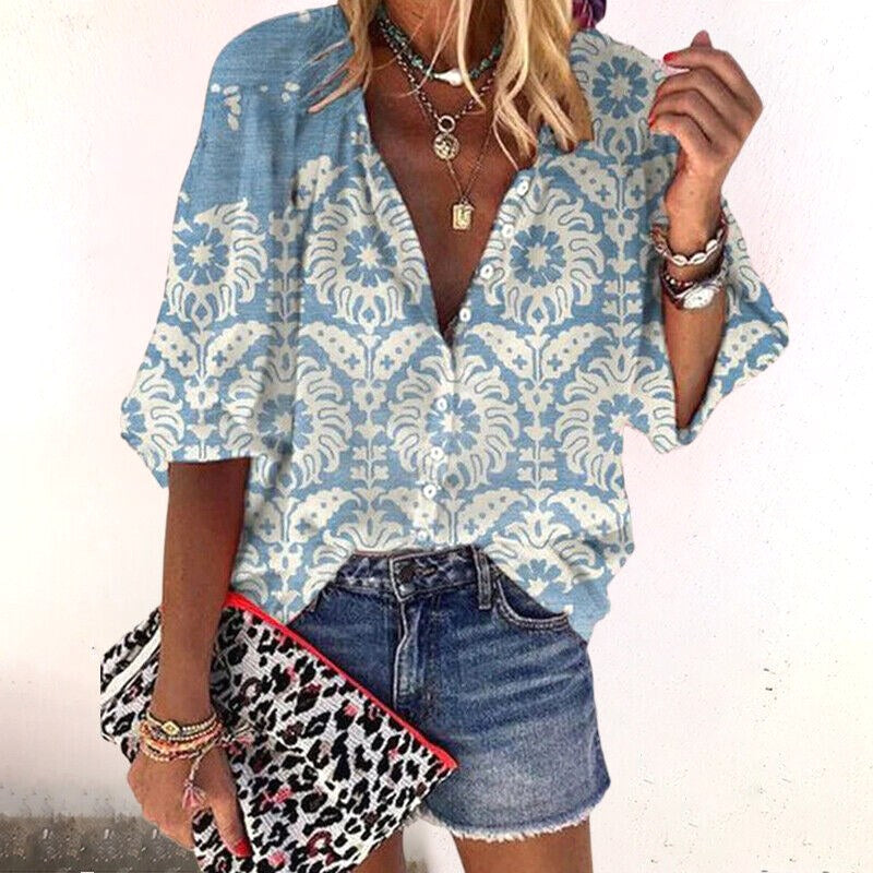 Chelsea | Women's Floral Boho Blouse, V-Neck Relaxed Fit Top | Dressific | Blauw