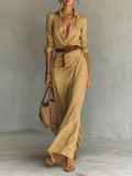 Claire | Women's Belted Long Sleeve Maxi Dress, Flattering Summer Dress for Holidays and Everyday Wear, Flattering Summer Dress for Holidays and Everyday Wear - Khaki