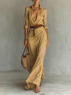 Claire | Women's Belted Long Sleeve Maxi Dress, Flattering Summer Dress for Holidays and Everyday Wear, Flattering Summer Dress for Holidays and Everyday Wear - Khaki