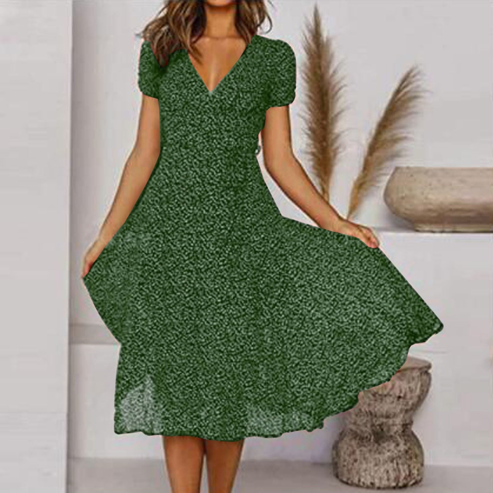 Clara | Women's V-Neck A-Line Midi Dress, Flowing Skirt Autumn Dress | Dressific