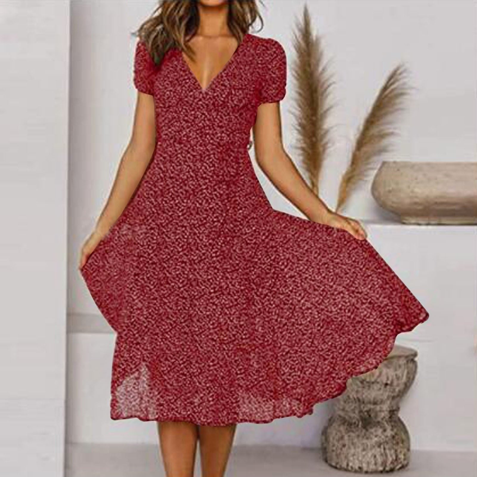 Clara | Women's V-Neck A-Line Midi Dress, Flowing Skirt Autumn Dress | Dressific