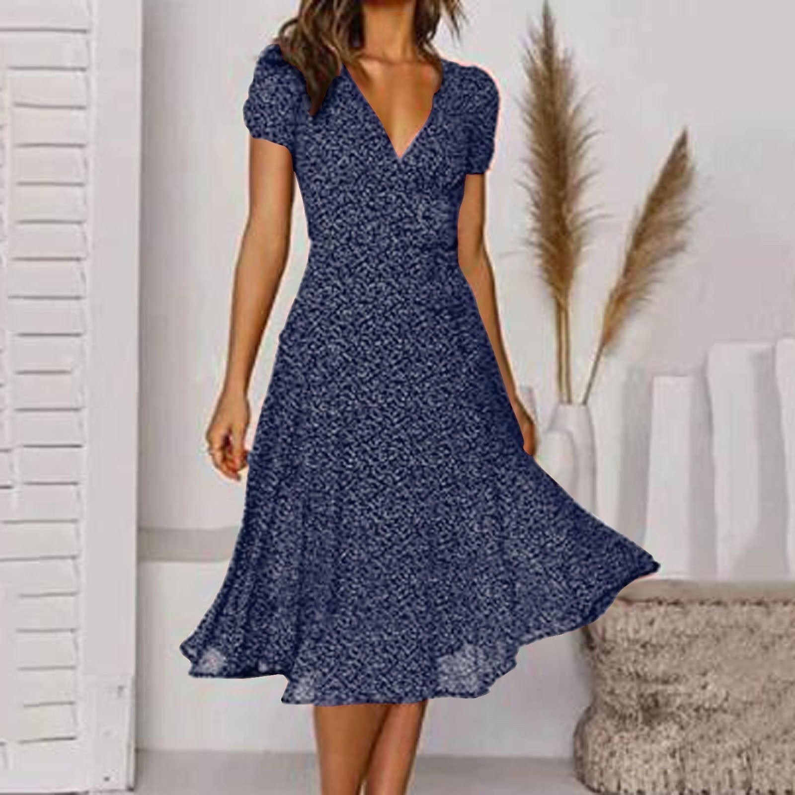 Clara | Women's V-Neck A-Line Midi Dress, Flowing Skirt Autumn Dress | Dressific