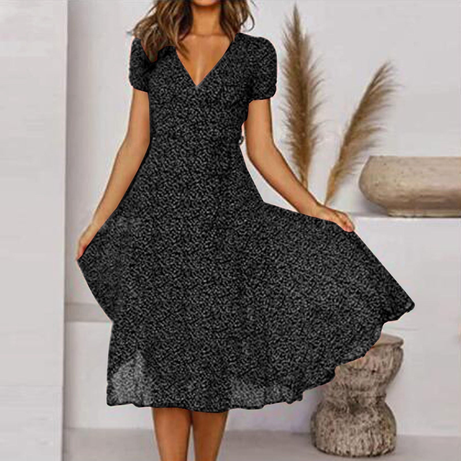 Clara | Women's V-Neck A-Line Midi Dress, Flowing Skirt Autumn Dress | Dressific