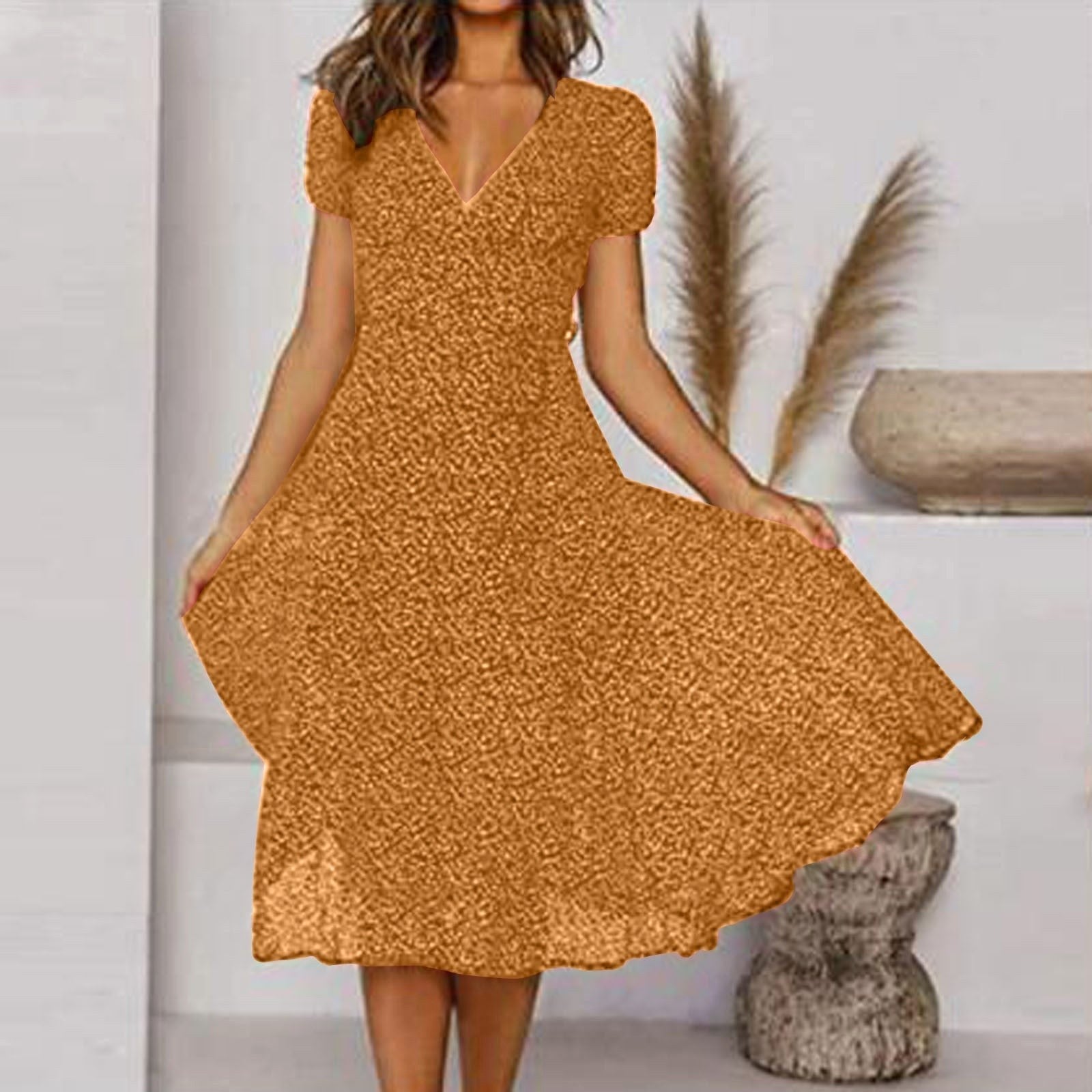 Clara | Women's V-Neck A-Line Midi Dress, Flowing Skirt Autumn Dress | Dressific