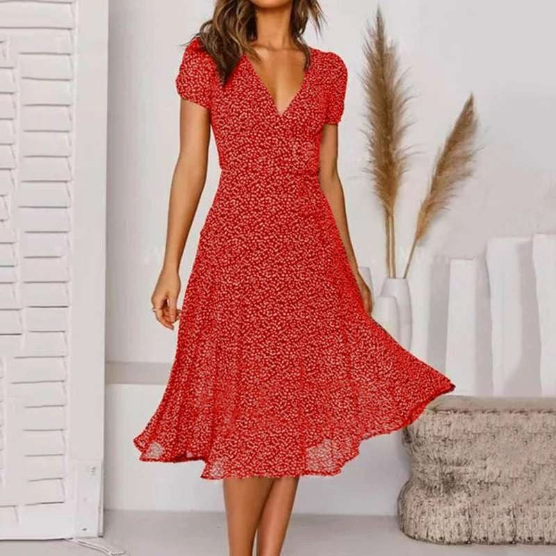 Clara | Women's V-Neck A-Line Midi Dress, Flowing Skirt Autumn Dress | Dressific