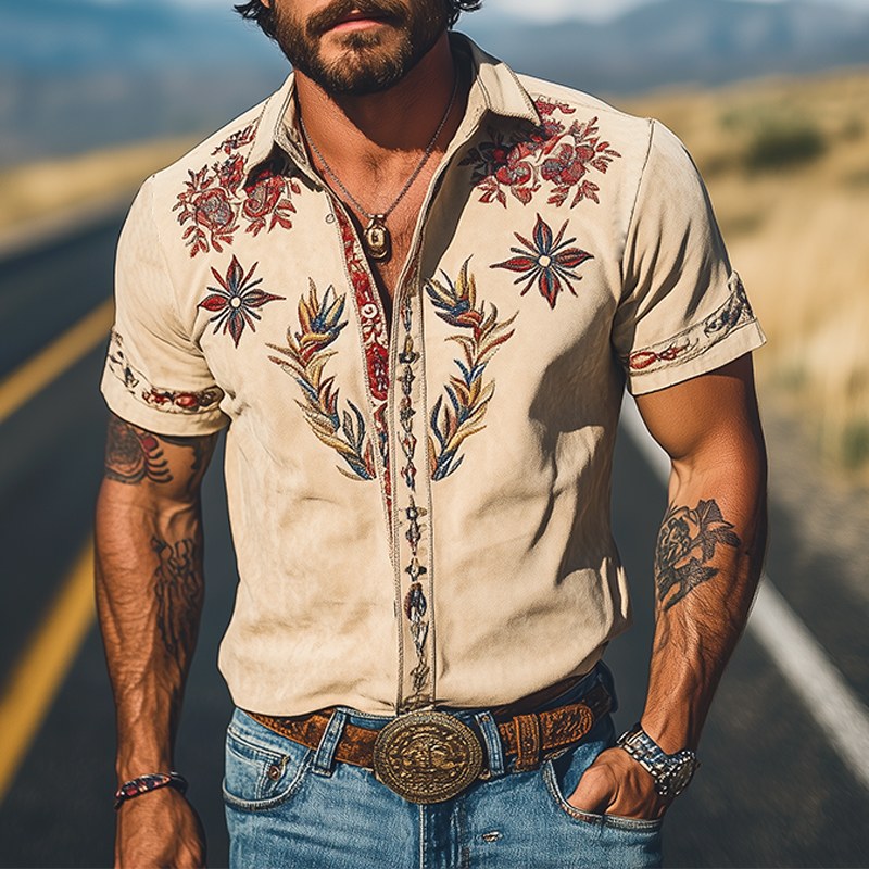 Cooper | Men's Western Floral Print Short-Sleeve Shirt, Point Collar Shirt | Dressific | Light Khaki