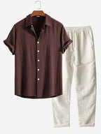 Curtis | Men's Linen Two-Piece Set, Loose-Fit Shirt and Trousers | Dressific | Koffiebruin