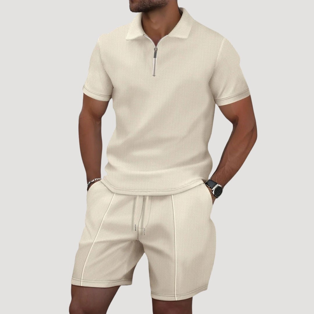 Dale | Men's Polo and Shorts Two-Piece Set, Textured Summer Set | Dressific | Beige