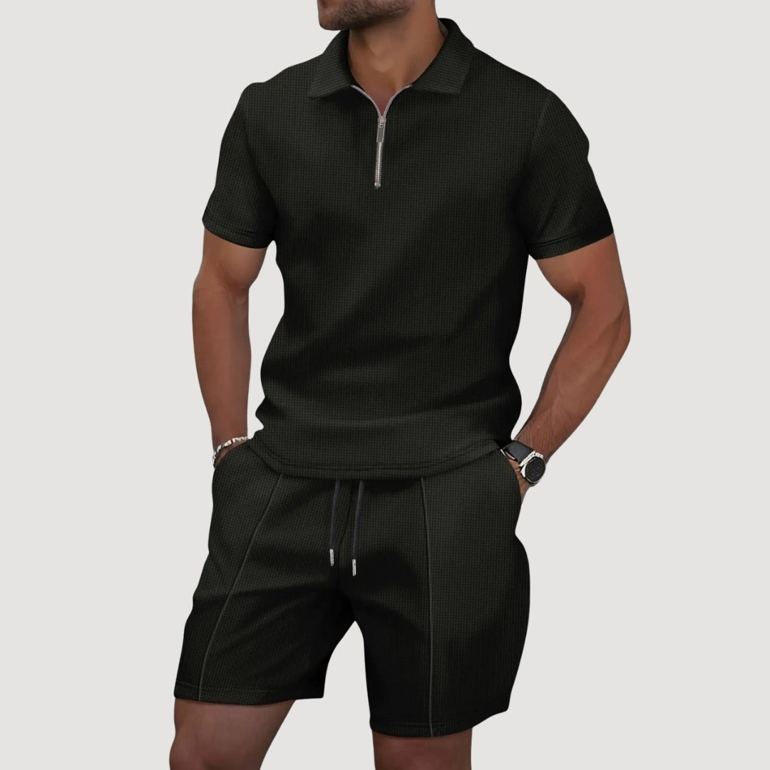 Dale | Men's Polo and Shorts Two-Piece Set, Textured Summer Set | Dressific | Zwart