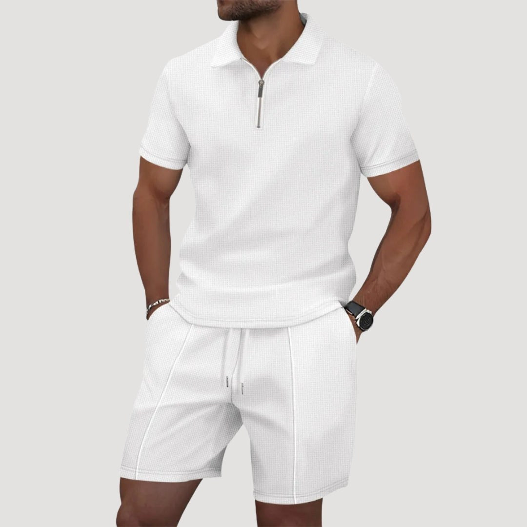 Dale | Men's Polo and Shorts Two-Piece Set, Textured Summer Set | Dressific | Wit