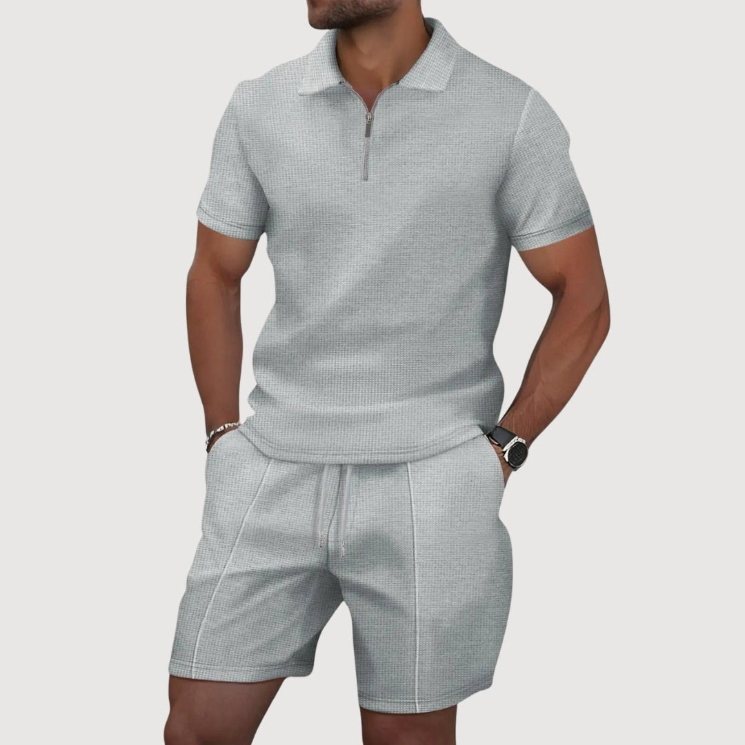 Dale | Men's Polo and Shorts Two-Piece Set, Textured Summer Set | Dressific | Grijs