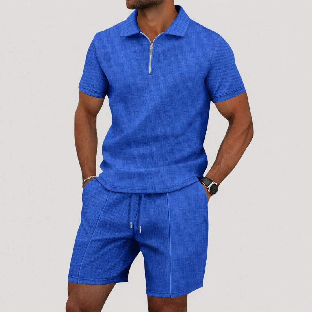 Dale | Men's Polo and Shorts Two-Piece Set, Textured Summer Set | Dressific | Blauw