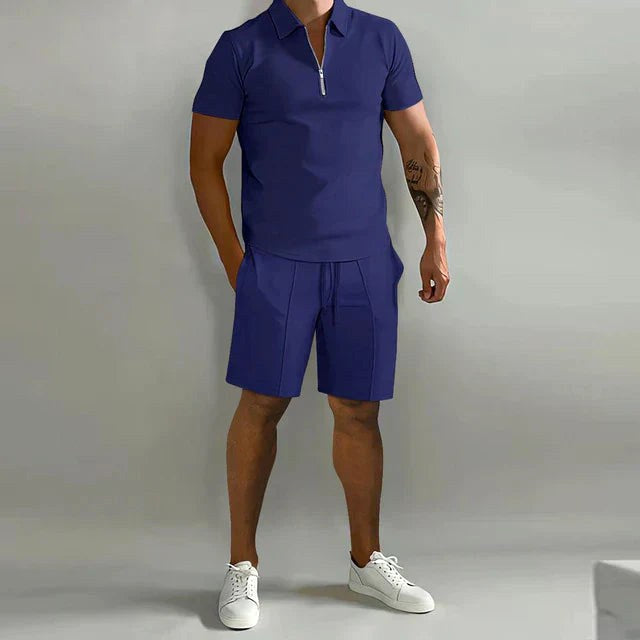 Damien | Men's Polyester Polo Shirt and Shorts Set, Two-Piece Summer Set | Dressific | Marineblauw