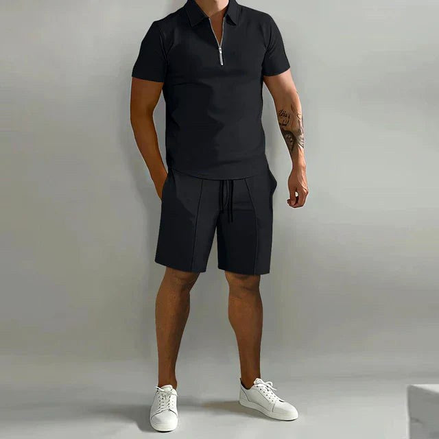 Damien | Men's Polyester Polo Shirt and Shorts Set, Two-Piece Summer Set | Dressific | Zwart