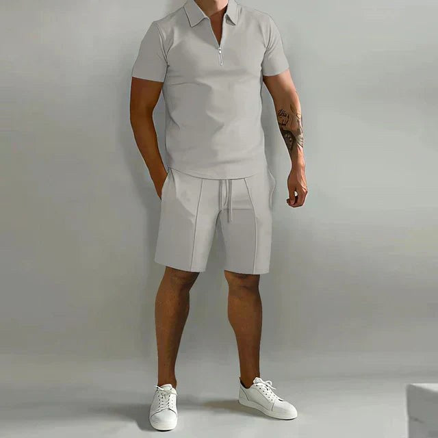 Damien | Men's Polyester Polo Shirt and Shorts Set, Two-Piece Summer Set | Dressific | Grijs