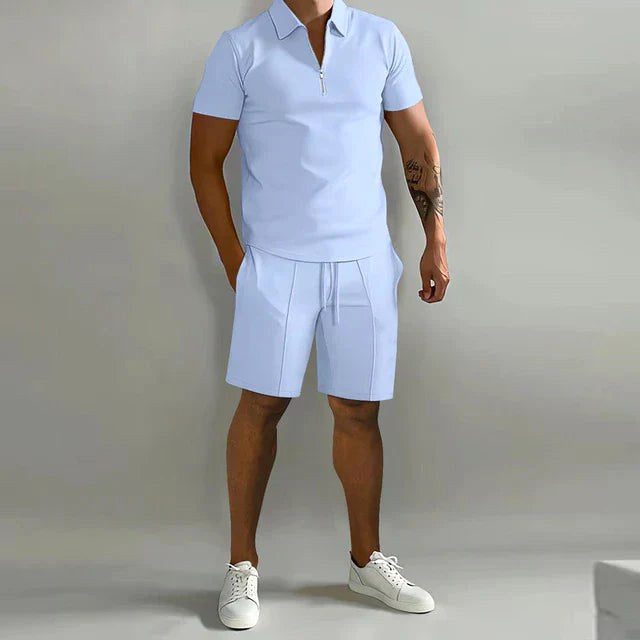 Damien | Men's Polyester Polo Shirt and Shorts Set, Two-Piece Summer Set | Dressific | Lichtblauw