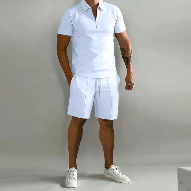 Damien | Men's Polyester Polo Shirt and Shorts Set, Two-Piece Summer Set | Dressific | Wit