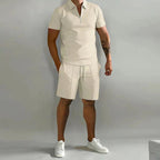 Damien | Men's Polyester Polo Shirt and Shorts Set, Two-Piece Summer Set | Dressific | Khaki