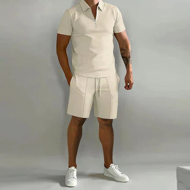 Damien | Men's Polyester Polo Shirt and Shorts Set, Two-Piece Summer Set | Dressific | Khaki