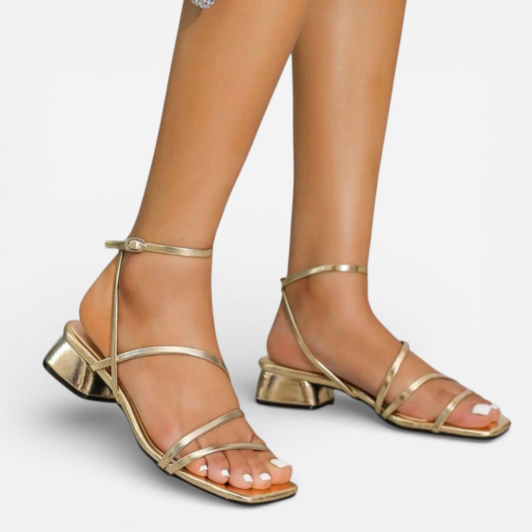 Ebony | Women's Gold Metallic Block Heel Sandals, Strappy Occasion Sandals | Dressific | Dorado