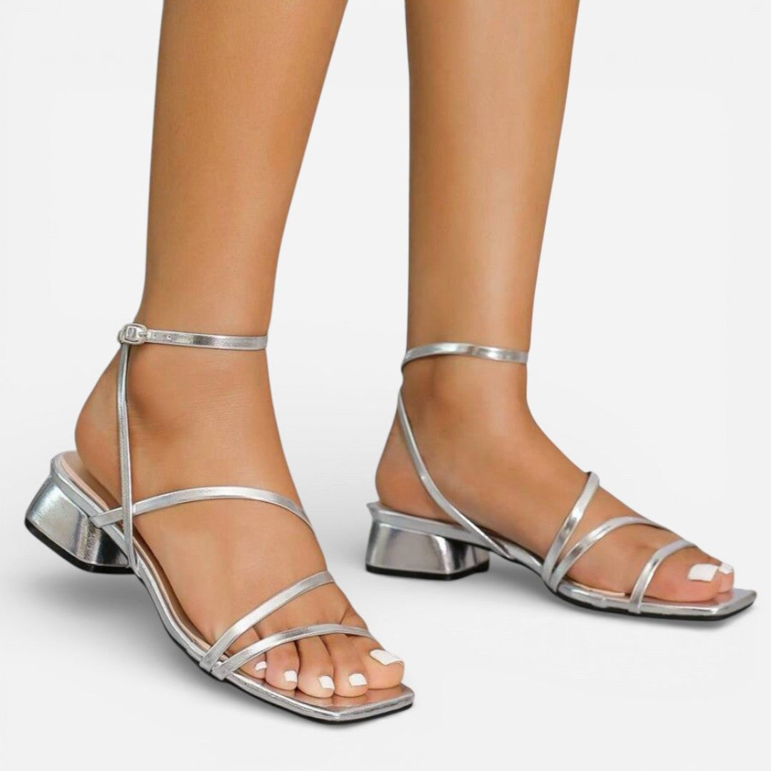 Ebony | Women's Gold Metallic Block Heel Sandals, Strappy Occasion Sandals | Dressific