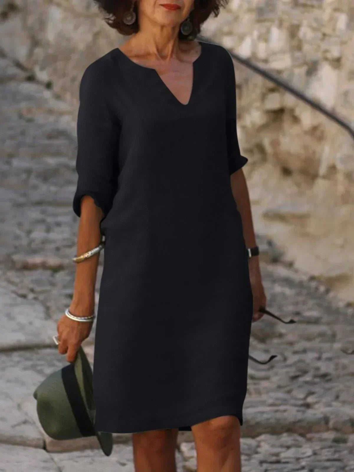 Elowen | Women's V-Neck Elegant Midi Dress - Black