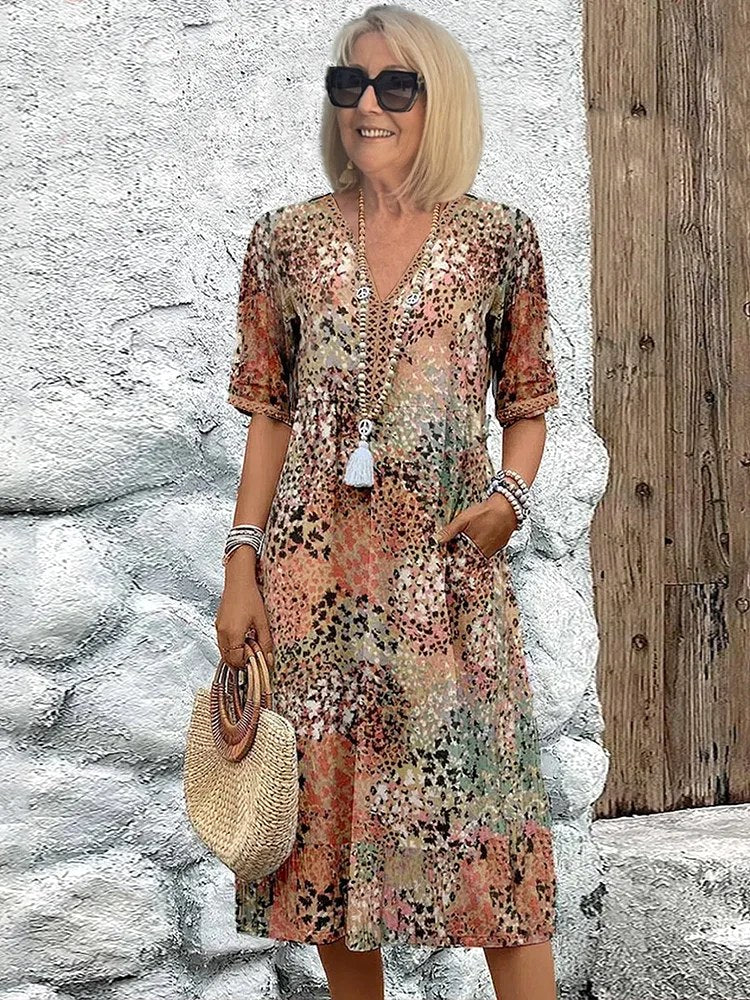 Fiora | Women's Colorful Midi Dress - Sandy Beige