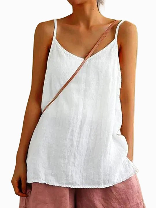 Freya | Women's Linen-Blend Cami Top with V-Neckline, Spaghetti Strap Top | Dressific | White