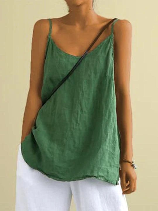 Freya | Women's Linen-Blend Cami Top with V-Neckline, Spaghetti Strap Top | Dressific | Green