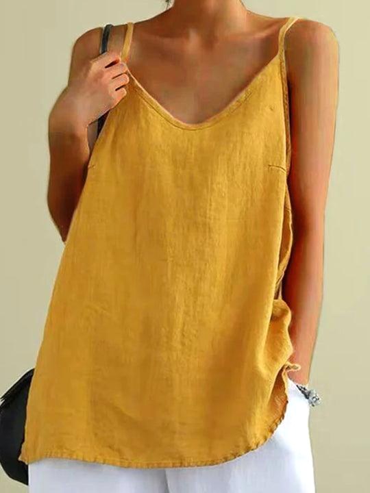 Freya | Women's Linen-Blend Cami Top with V-Neckline, Spaghetti Strap Top | Dressific | Yellow