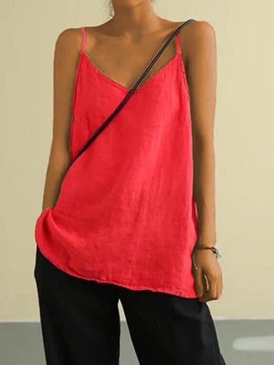 Freya | Women's Linen-Blend Cami Top with V-Neckline, Spaghetti Strap Top | Dressific | Red