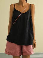 Freya | Women's Linen-Blend Cami Top with V-Neckline, Spaghetti Strap Top | Dressific | Black