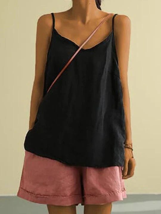 Freya | Women's Linen-Blend Cami Top with V-Neckline, Spaghetti Strap Top | Dressific | Black