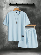Gavin | Men's Oversized T-Shirt Shorts Set, Short-Sleeve Lounge Set | Dressific | Lichtblauw