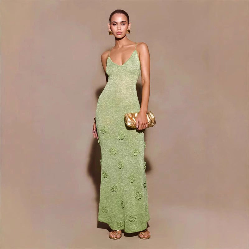 Georgia | Women's Crochet Floral Dress with Sequin Detail, Long-Sleeve Evening Dress | Dressific