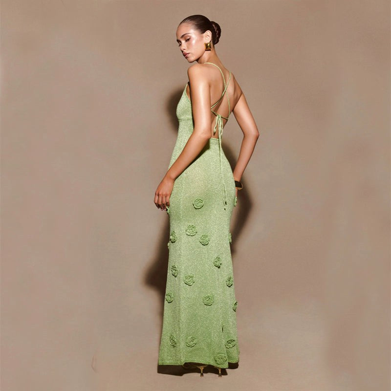Georgia | Women's Crochet Floral Dress with Sequin Detail, Long-Sleeve Evening Dress | Dressific