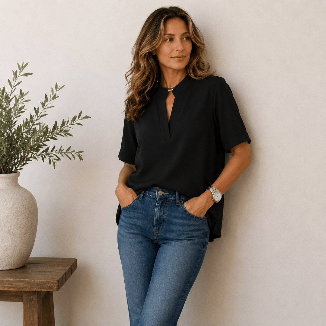 Georgia | Women's V-Neck Blouse with Refined Detail, Short-Sleeve Blouse | Dressific