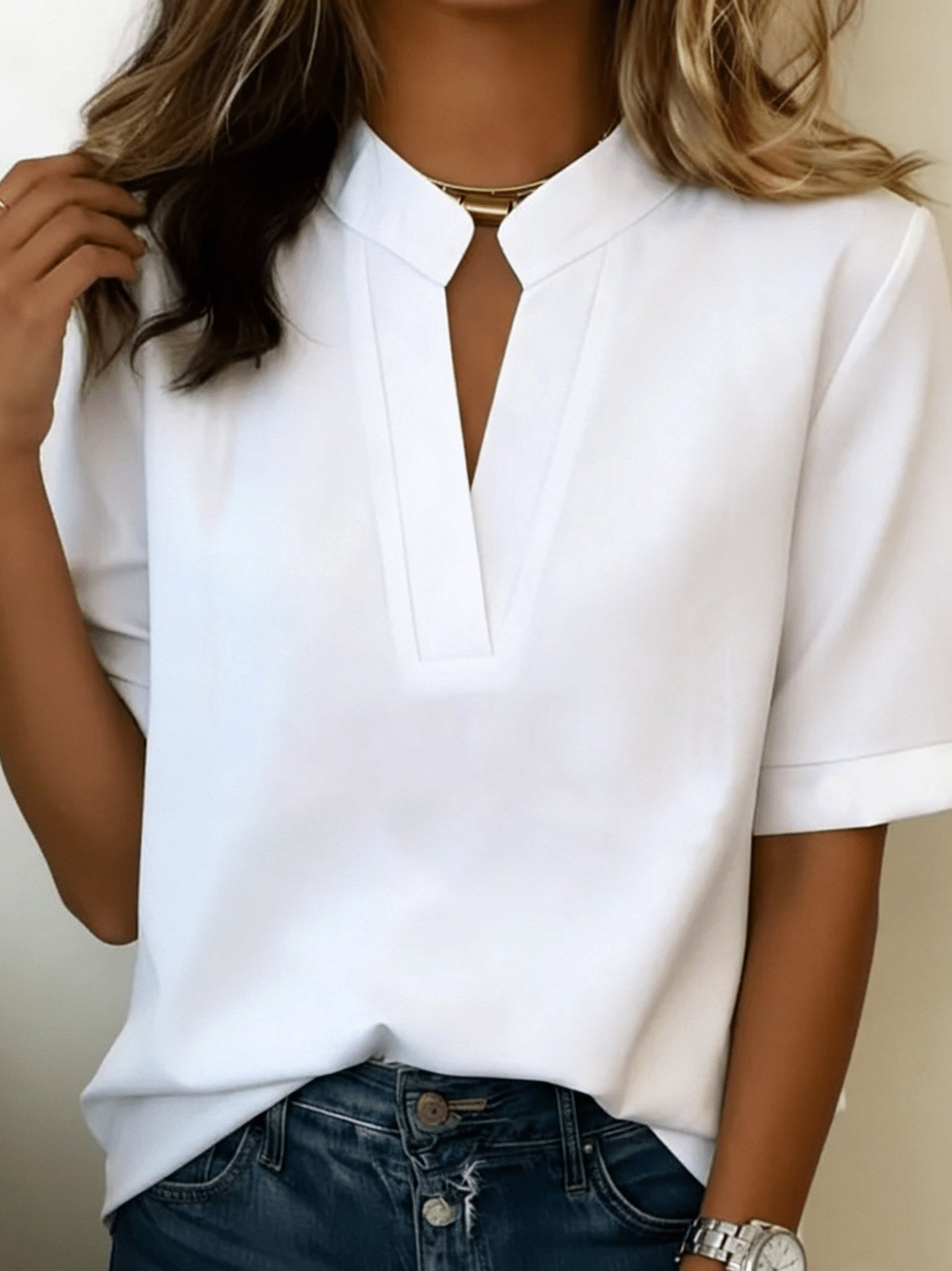 Georgia | Women's V-Neck Blouse with Refined Detail, Short-Sleeve Blouse | Dressific
