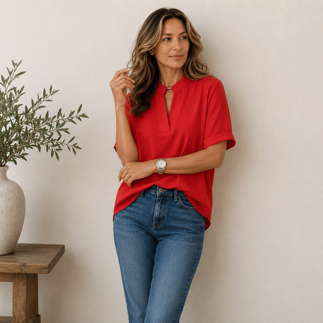 Georgia | Women's V-Neck Blouse with Refined Detail, Short-Sleeve Blouse | Dressific