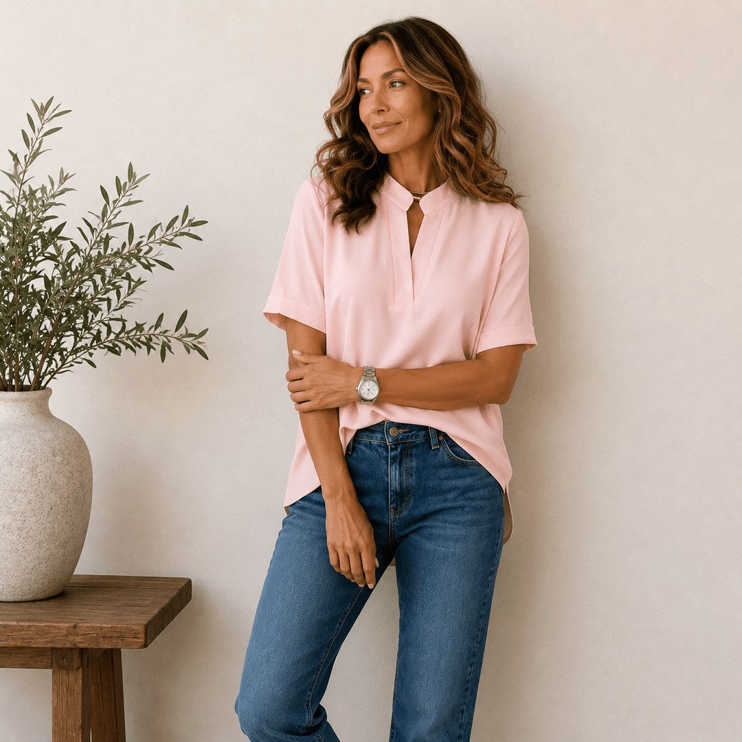 Georgia | Women's V-Neck Blouse with Refined Detail, Short-Sleeve Blouse | Dressific